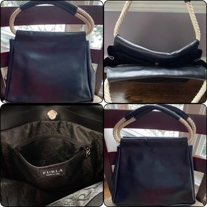 NWOT Furla Soft Black Leather Hobo Rope Handle Satchel Purse, Unique & Chic